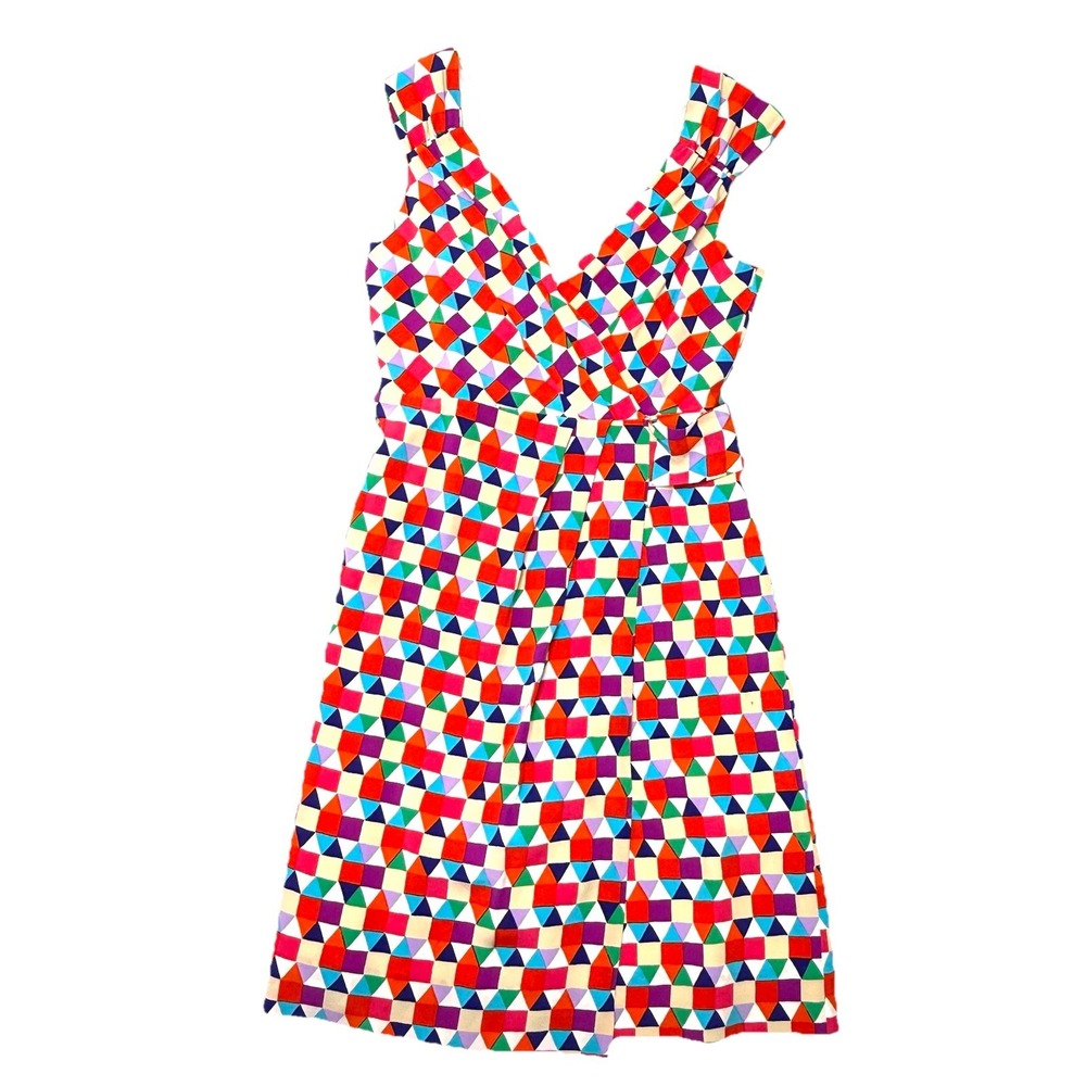 Kate Spade‎ Womens Silk Wrap Dress Size 2 Colorful Geometric Preppy Sleeveless